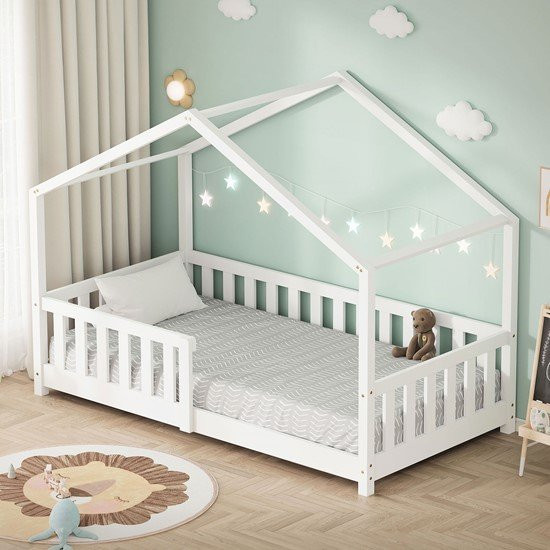ML-Design Kinderbett Hausbett aus Kiefernholz in Weiß mit Rausfallschutz und Lattenrost, B/T/H: 160 x 80 x 90 cm - Bild 1
