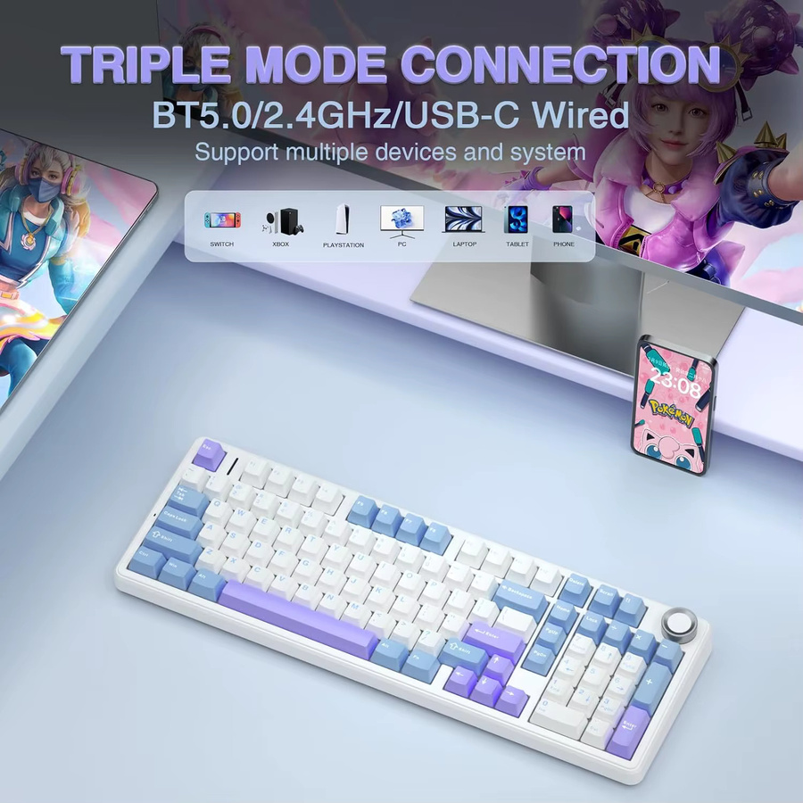 AULA F99 PRO Kabellose Gaming-Tastatur mit 99 Tasten, Hot-Swap Gasket-Struktur, 96% Layout, 8000mAh Akku und Drehregler in Weiß, Blau oder Lila - Bild 3
