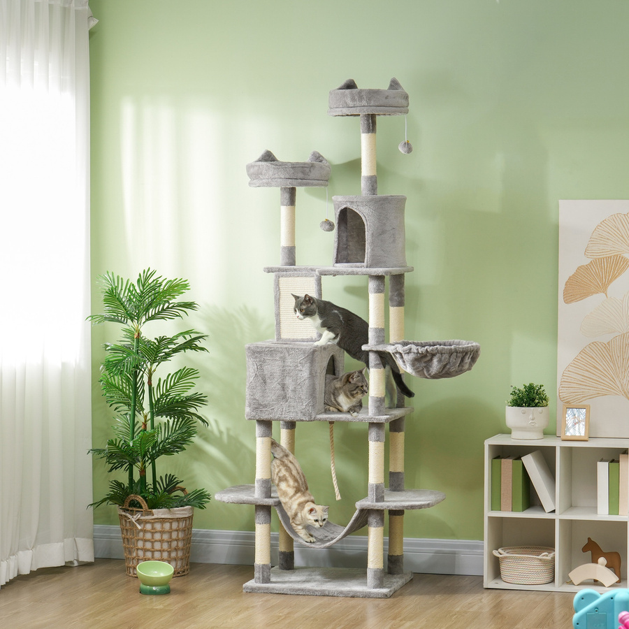 PawHut Kratzbaum für 1-3 Katzen in Hellgrau mit 4 Sisal-Kratzsäulen, Höhlen, Hängematten und Spielzeug, Höhe: 206 cm - Bild 2