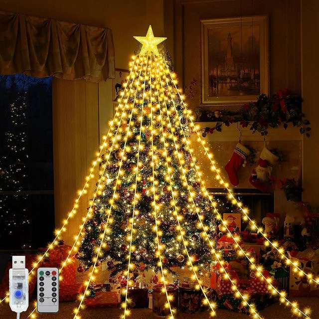 Peach Forest LED Stern Wasserfall Lichterkette mit 198 LEDs, Warmweiß, USB-Betrieb und Fernbedienung für Indoor und Outdoor - Bild 1