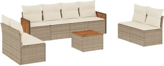 vidaXL 9-teilige Garten-Sofagarnitur aus Poly-Rattan und Akazienholz in Beige-Creme mit Kissen - Bild 1
