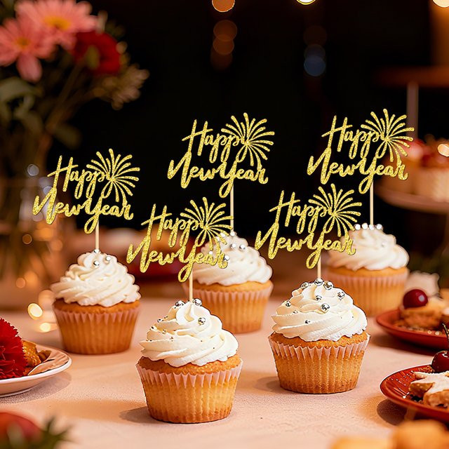 YOMDID 24 Stück Happy New Year Cupcake-Topper in Schwarz und Gold, glitzernde Neujahrs-Kuchenaufsätze für deine Party-Dekoration - Bild 1