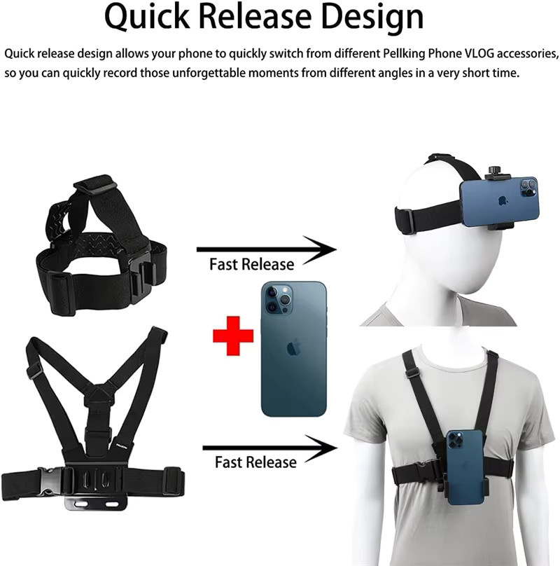 NMEGOU 2-in-1 Handy-Brustgurt und Kopfgurt-Set mit Ständer für iPhone und GoPro in Schwarz - Bild 2