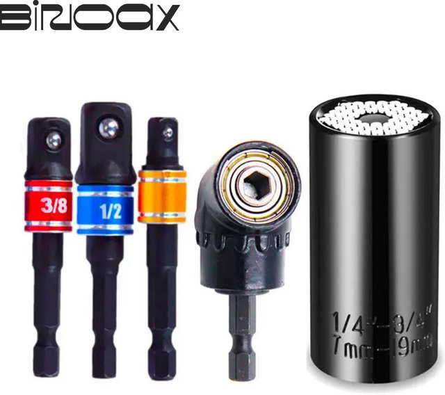 Binoax Universal-Steckschlüssel-Werkzeugset in Silber, 3-teilig mit Schlagschrauber, Steckschlüssel-Adapter, Verlängerung und 105 Grad rechtwinkligem Schraubendreher - Bild 1