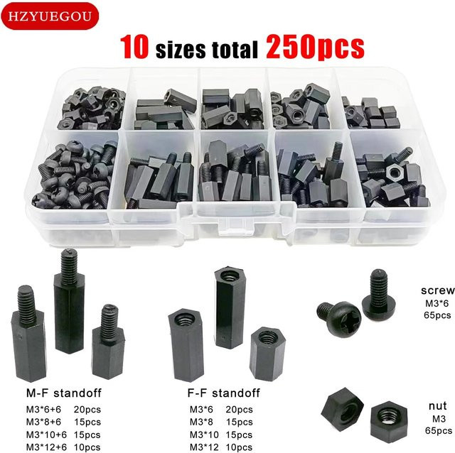HZYUEGOU M3 Hex Standoff Sortiment Set aus schwarzem Nylon Kunststoff mit Schrauben und Muttern, 250 Teile - Bild 1