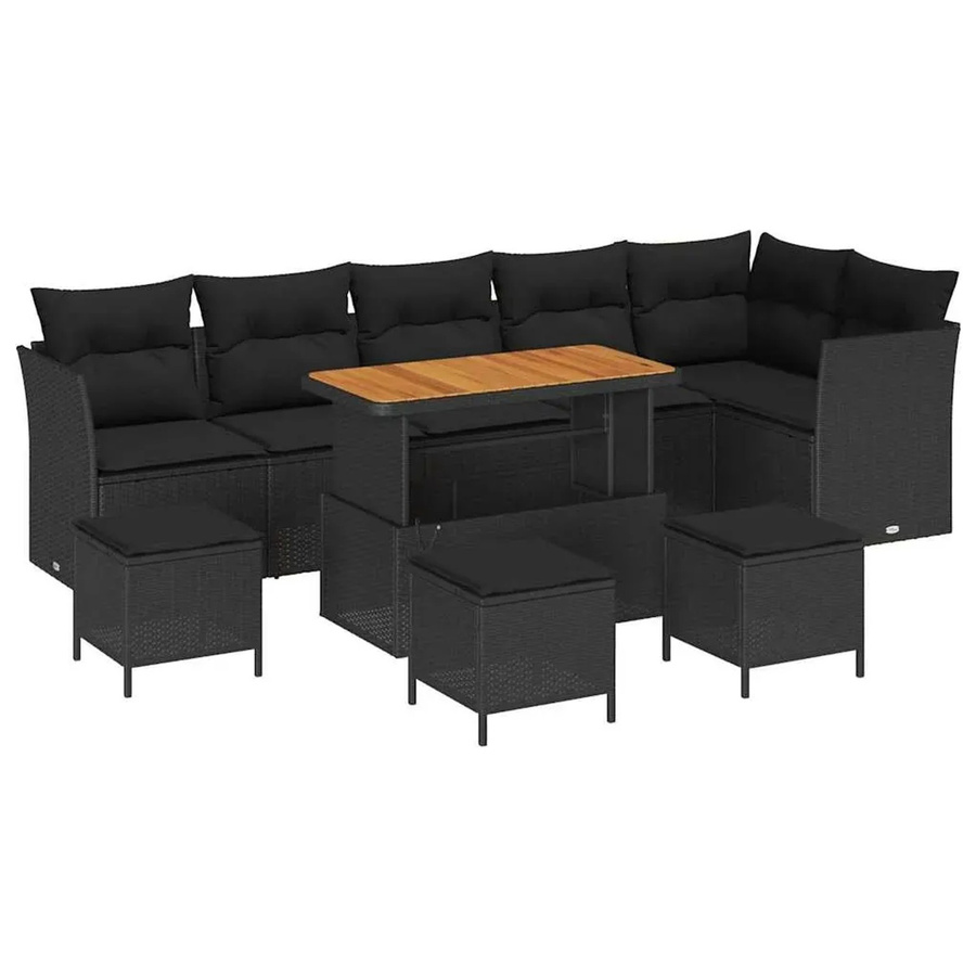 vidaXL Garten-Sofa-Set in U-Form aus Poly Rattan und Akazienholz mit Polstern, Schwarz - Bild 2