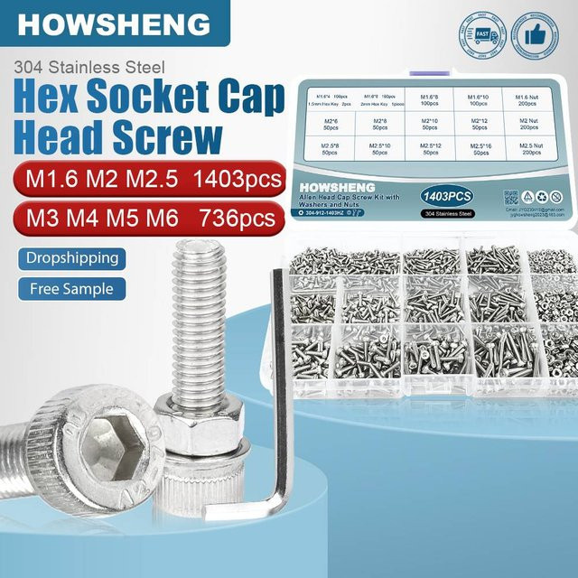 HOWSHENG Innensechskant-Schrauben- und Muttern-Set aus Edelstahl in Silber, 1403/736-teiliges Sortiment mit M2 M4 M5 M6 Inbusschrauben und Muttern - Bild 1