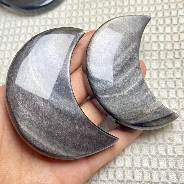 CrystalHola Silbriger Obsidian in Mondform als natürliches Stein-Mondschnitzhandwerk für Meditation und Dekoration - Bild 1