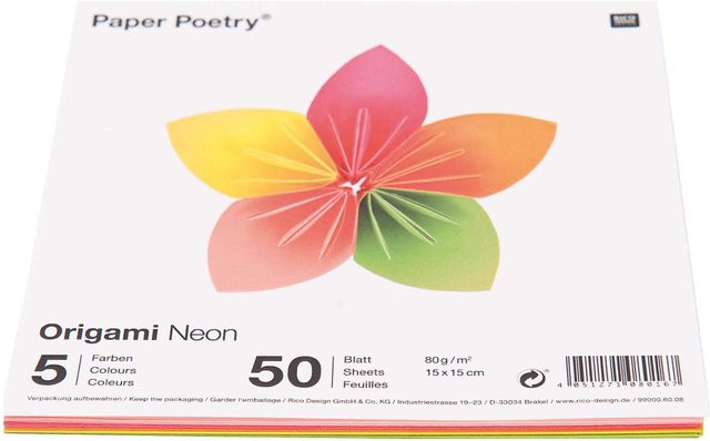 Rico Design Paper Poetry Origami Papier Set in Neon-Farben, 50 Blatt, B/B: 15 x 15 cm, Mehrfarbig - Bild 1
