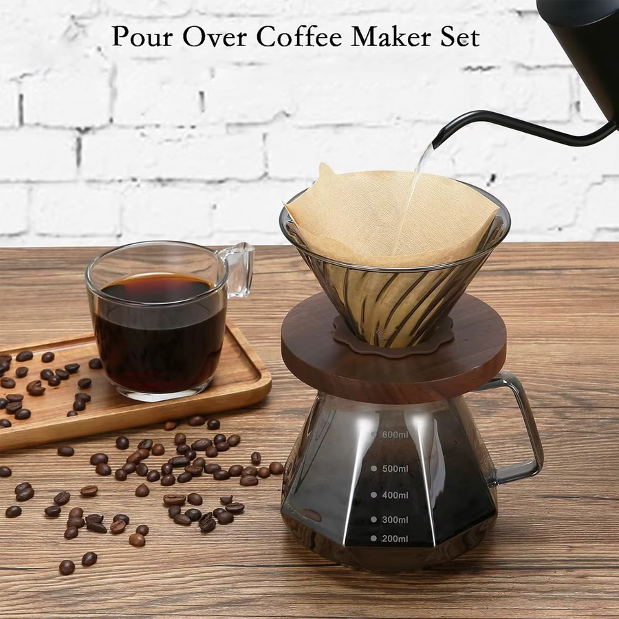 Leeseph Pour Over Kaffeemaschine mit Walnussgriff und Glasdeckel, transparente Glas-Kaffeekanne für Zuhause, Café und Camping - Bild 4