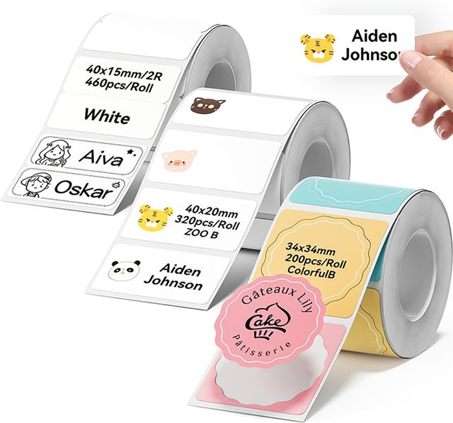 NIIMBOT Thermo-Etikettenpapier Set mit 3 Rollen in Weiß und Transparent, selbstklebend für Barcodes, Namen und Preisschilder, kompatibel mit NIIMBOT B1, B21, B3S, B31 und B4 - Bild 1