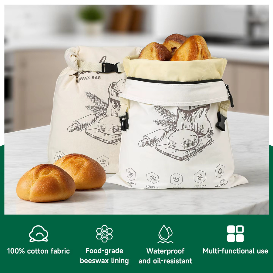 Wiederverwendbarer Bienenwachs-Brotbeutel von weedi mit Knopfverschluss und Reißverschluss in Weiß - Bild 2