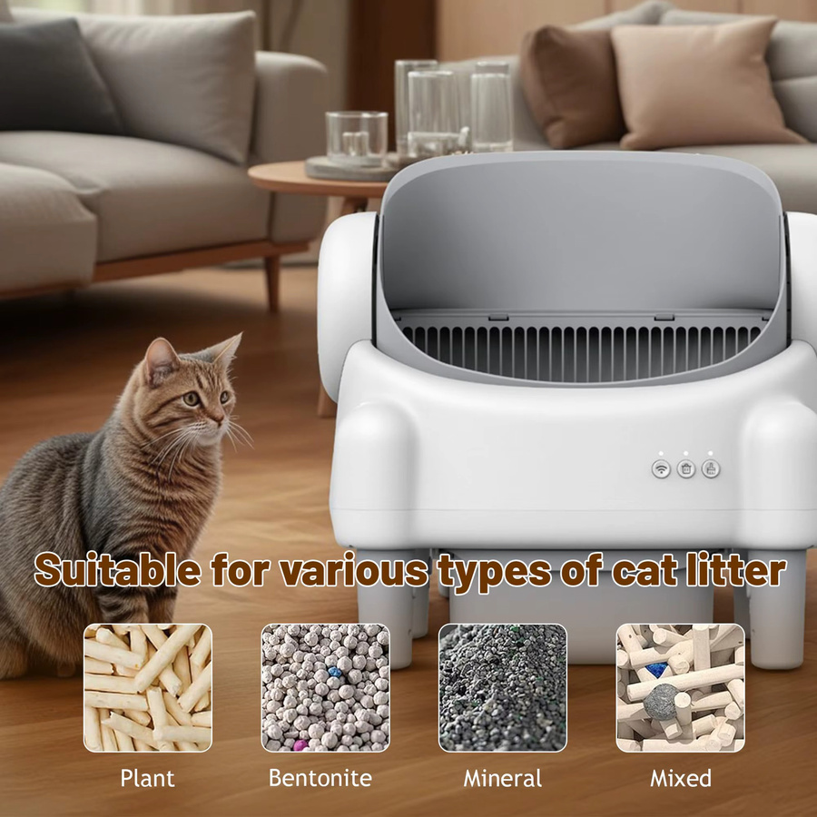 MIAOERDUO Elektrische Katzentoilette in Weiß, selbstreinigend und offen mit 76L Volumen, App-Überwachung via 2.4G WLAN, Sicherheitssensoren sowie Aromatherapie-Reinigungsbürste und Müllbeuteln - Bild 5