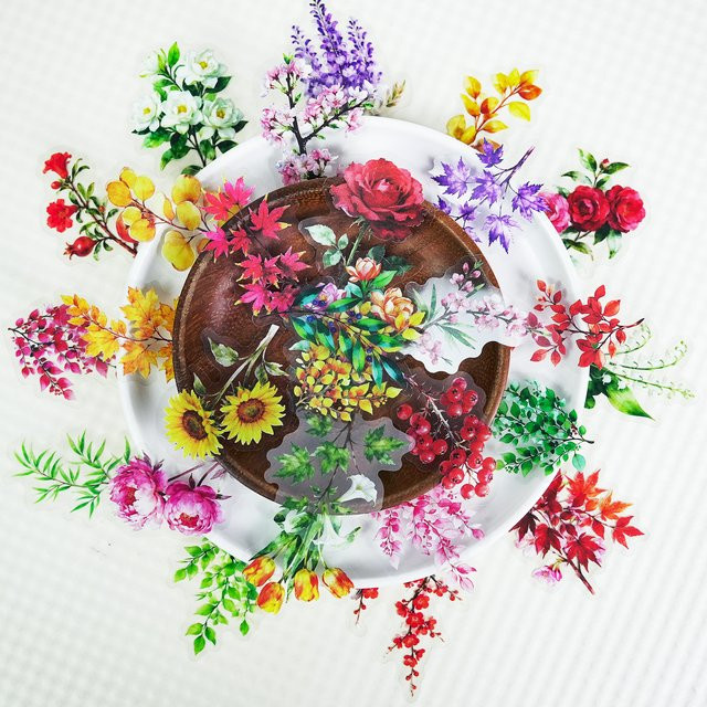Vintage bunte Blumen PET Aufkleber wasserdicht für Briefpapier, Boxen und Notebooks, Multicolor, 56/112 Stück - Bild 1