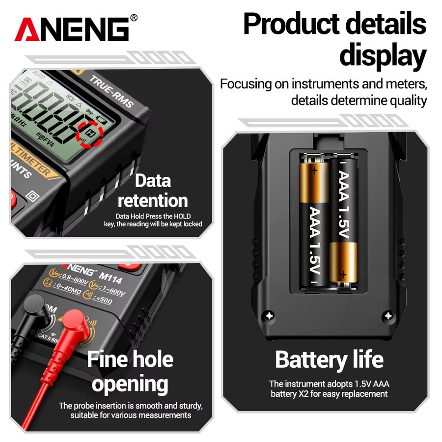 ANENG M114 Digital-Multimeter Tester in Schwarz mit DC/AC-Spannung, NCV, Widerstand und automatischer Hintergrundbeleuchtung - Bild 2