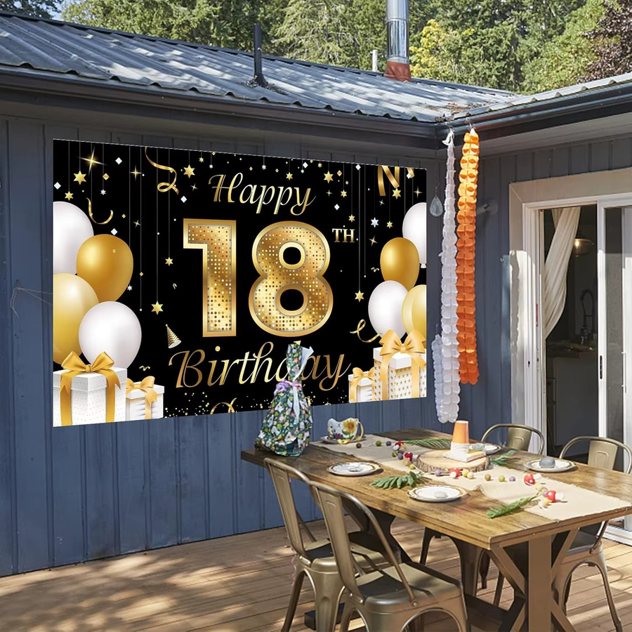 OURFETE Geburtstagsparty Banner Kulisse für den 18. Geburtstag in Schwarz-Gold mit Glitzer-Effekt und Buchstaben - Bild 4