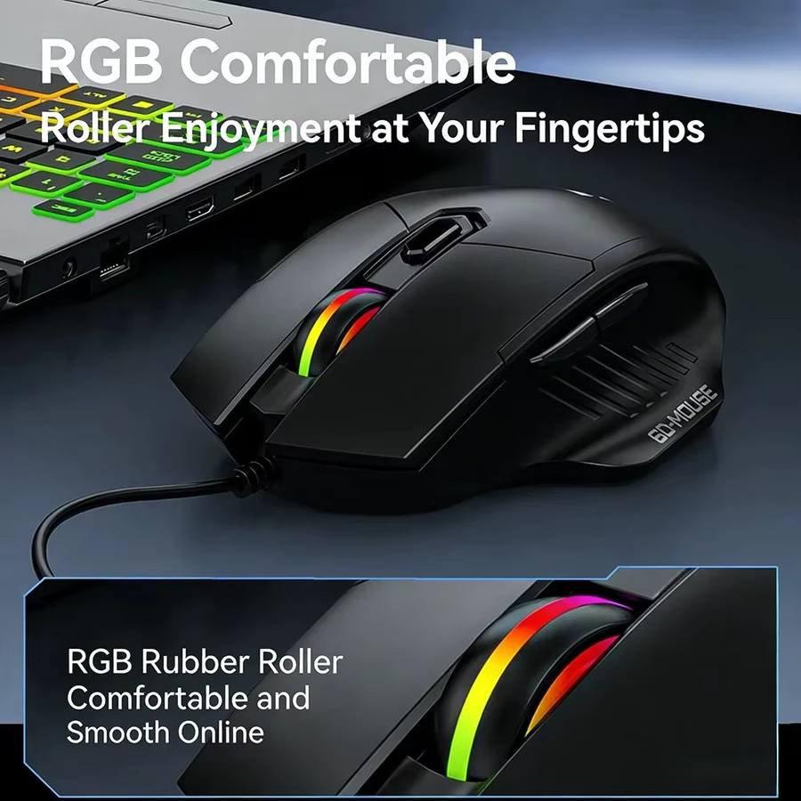 Kebidumei 6D Gaming-Maus mit RGB-Lichteffekt, ergonomische USB-Maus für E-Sport und Laptop, Schwarz, 1200-7200 DPI - Bild 4