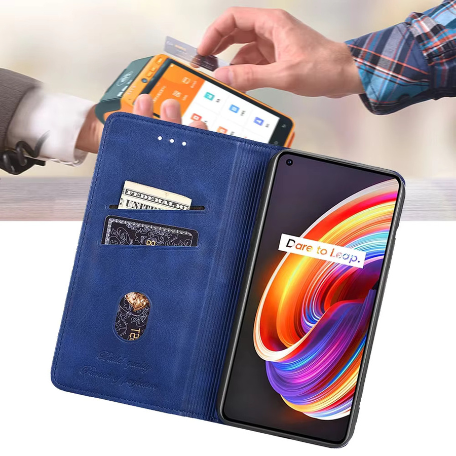 Magnetische Leder Flip Case mit Retro Logo und Kartenfächer für Realme Note 50 Narzo 60X N55 N53 50A 50i Prime 50 30 30A 20A Pro in Schwarz und Blau - Bild 5