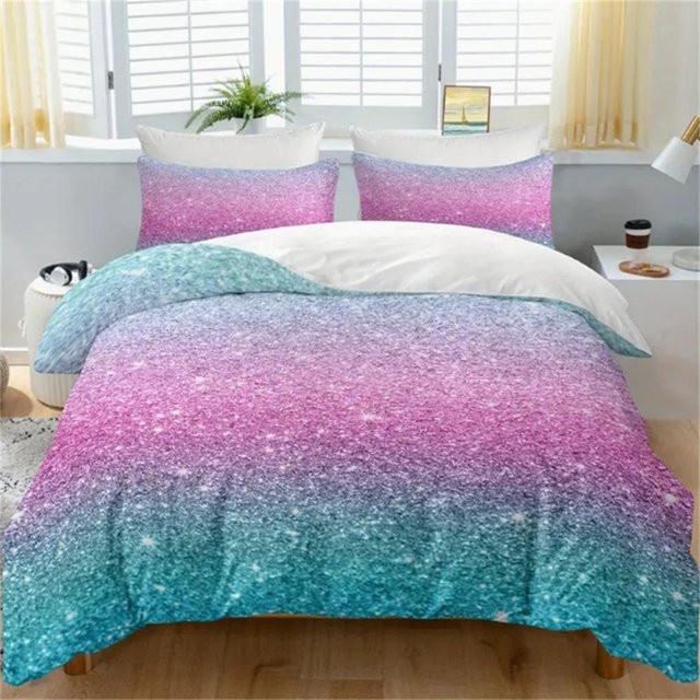 3-teiliges Glitzer-Bettwäsche-Set aus Mikrofaser in Türkisblau und Pastellrosa mit Glanzeffekt, Bettbezug und Kissenbezüge, B/H: 210 x 210 cm - Bild 1
