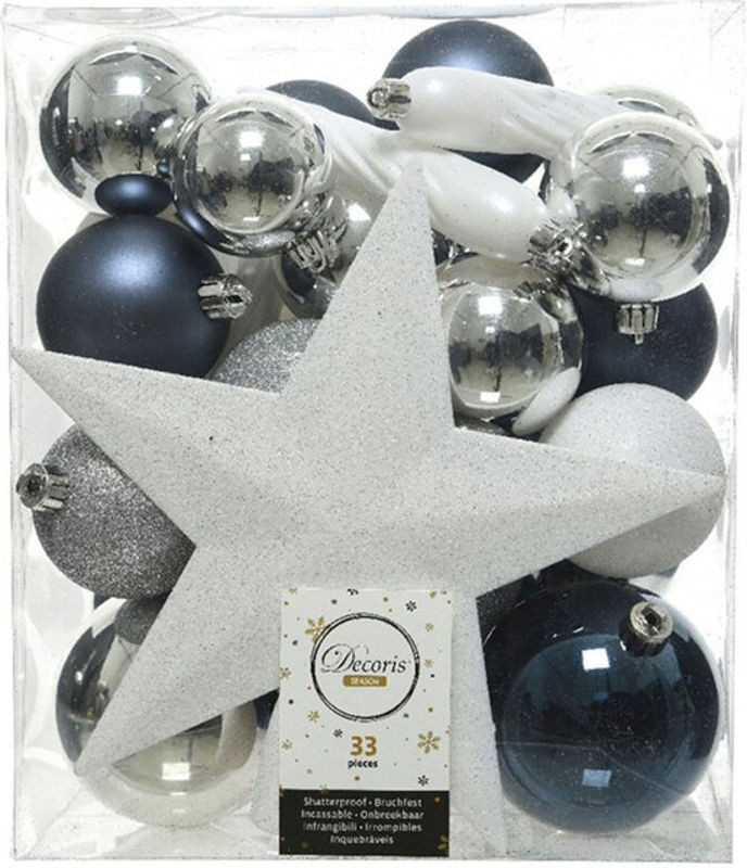 Decoris Weihnachtsbaumschmuck Set mit 33 hängenden Dekorationen in Blau, Weiß und Silber aus Kunststoff - Bild 1