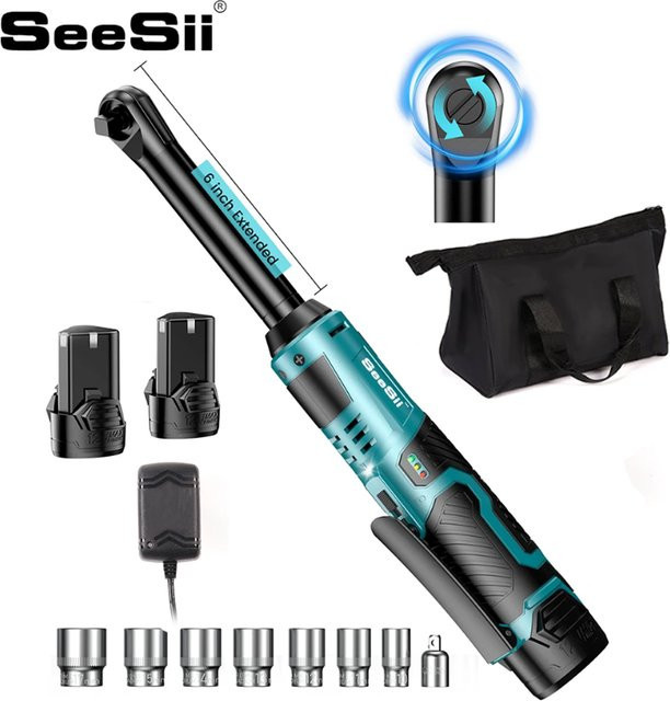 SEESII 3/8 Zoll Akku-Ratschenschlüssel mit 55Nm Drehmoment und 6 Zoll Verlängerung, 12V wiederaufladbarer Elektrowinkelschlüssel für die Autoreparatur - Bild 1