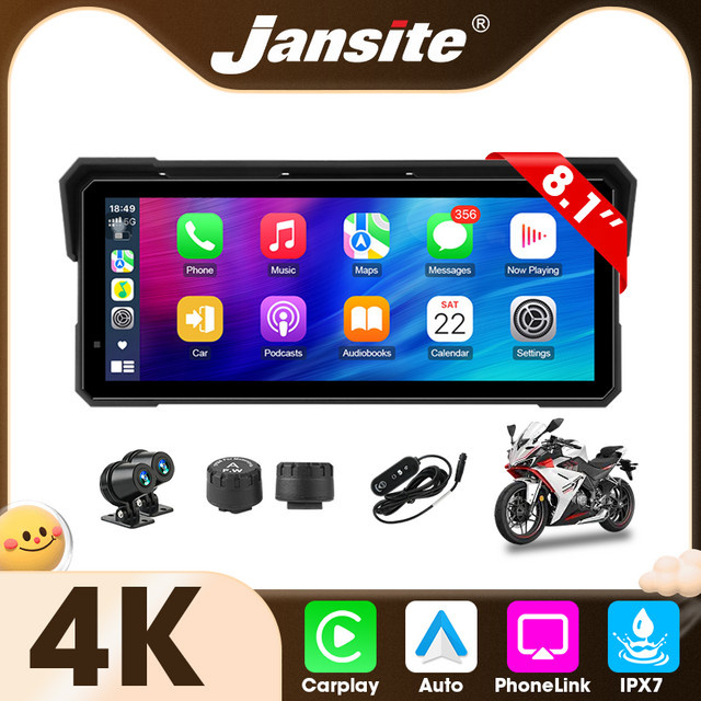 Jansite Tragbares Motorrad Navigationssystem mit 8,1 Zoll Display, Wasserdicht, Wireless CarPlay und Android Auto, 4K 1080P Dual Kamera und Bluetooth, Schwarz - Bild 1