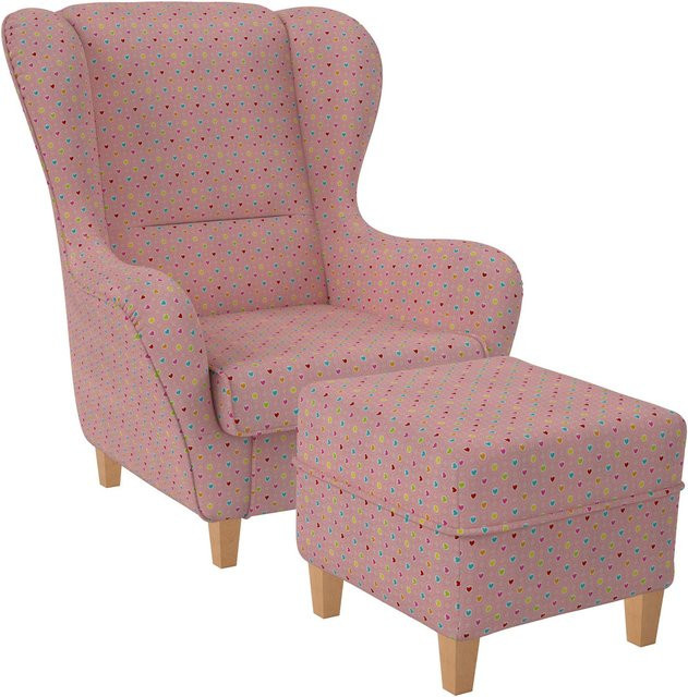 Supellex Sofia Ohrensessel mit Hocker in Rosa mit Herzchen-Design - Bild 1