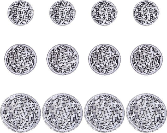 12 Stück Polyester-Aufnäher in Silber zum Aufbügeln oder Aufnähen mit Disco-Kugel-Motiv - Bild 1