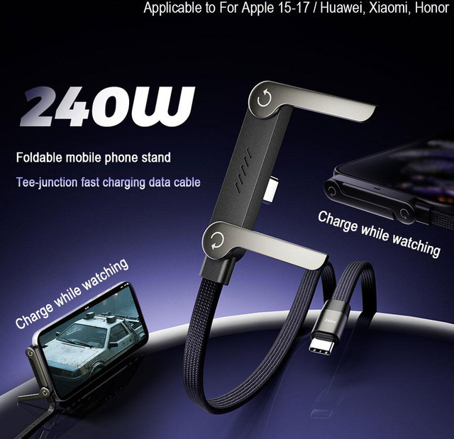 2-in-1 USB-C Ladekabel mit 240 W und integriertem Telefonhalter für iPhone 15-17 und Huawei, Schwarz - Bild 1