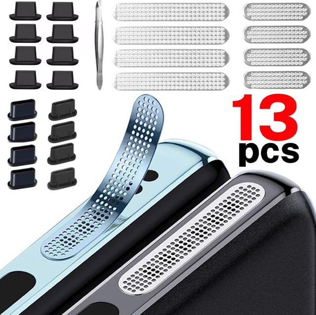 13 Stück Universal Metall Mesh Anti-Staub Aufkleber für iPhone 17 16 15 Pro Max Plus Lautsprecher Schutz in Silber - Bild 1