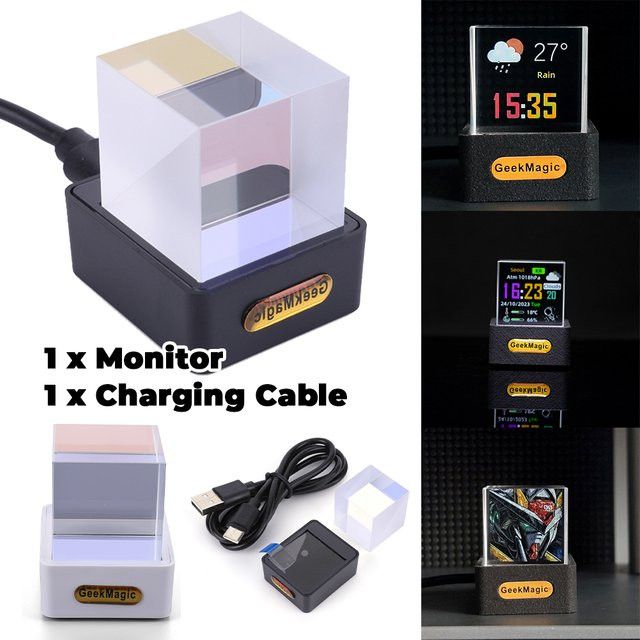 MOJOYCE Kristallwürfel-Fotodisplay mit holografischer Smart-Wetterstation, Digitaluhr und GIF-Animationen, Weiß/Transparent - Bild 1