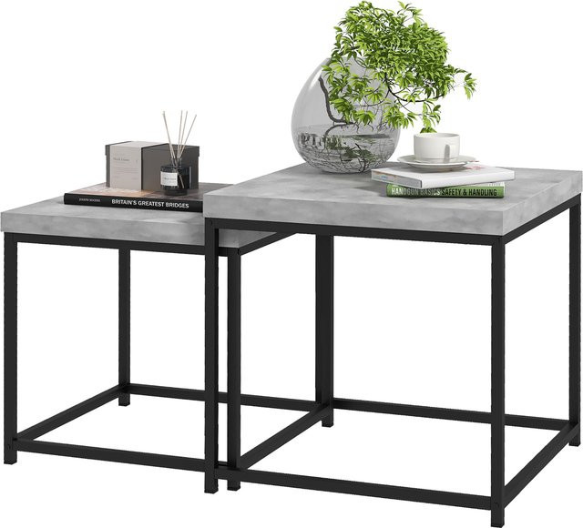 HOMCOM Set aus 2 stapelbaren quadratischen Couchtischen mit Stahlgestell und grauen Holzplatten von Aosom - Bild 1