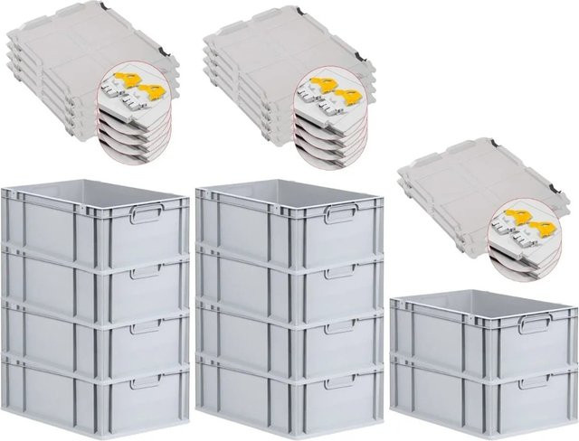 PROREGAL SuperSparSet 10x Eurobox NextGen Grip mit Scharnierdeckel und gelben Schiebeschnappverschlüssen, Grau, H x B x T: 22 x 40 x 60 cm, 44 Liter - Bild 1