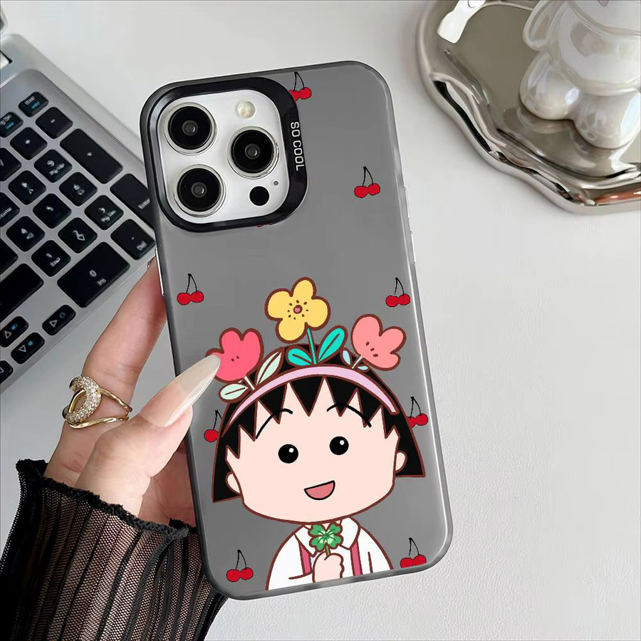 Chibi Maruko Chan Handyhülle mit Metallknöpfen für iPhone 12 bis iPhone 17 Pro Max - Bild 3