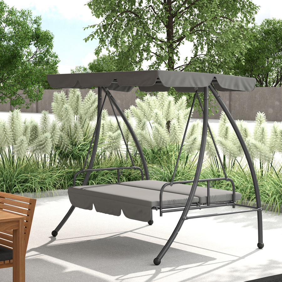 Outsunny Gartenschaukel 3-Sitzer von Aosom, umwandelbar zum Bett mit Sonnenverdeck und Matratzen, Schwarz und Hellgrau, B: 200 cm, T: 125 cm, H: 170 cm - Bild 2