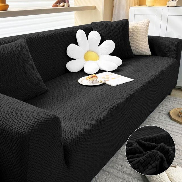 Jacquard Stretch Sofabezug aus Polar Fleece für Eckcouch und L-Form, schwarz, Breite: 300-360 cm - Bild 1