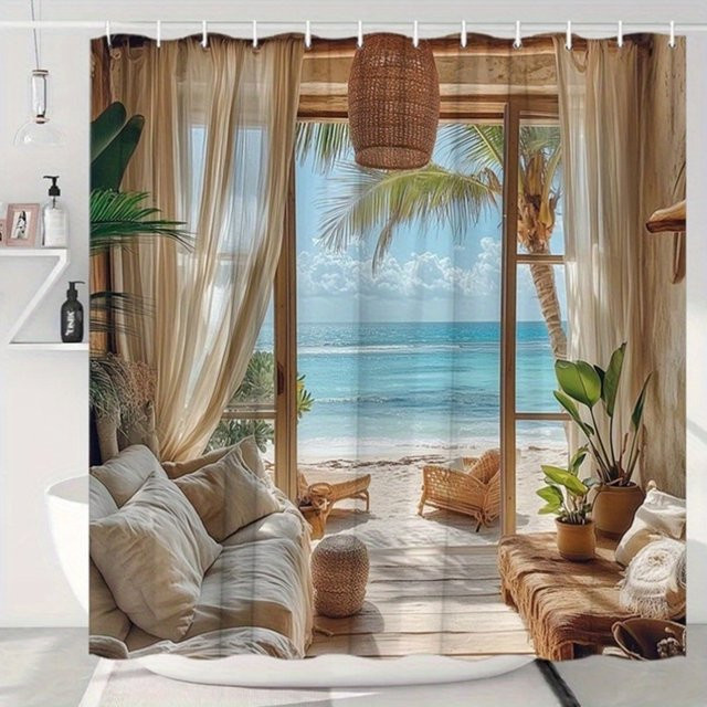 Beach Hut Paradise Duschvorhang im maritimen Design, Mehrfarbig, B: 180 cm, H: 180 cm - Bild 1
