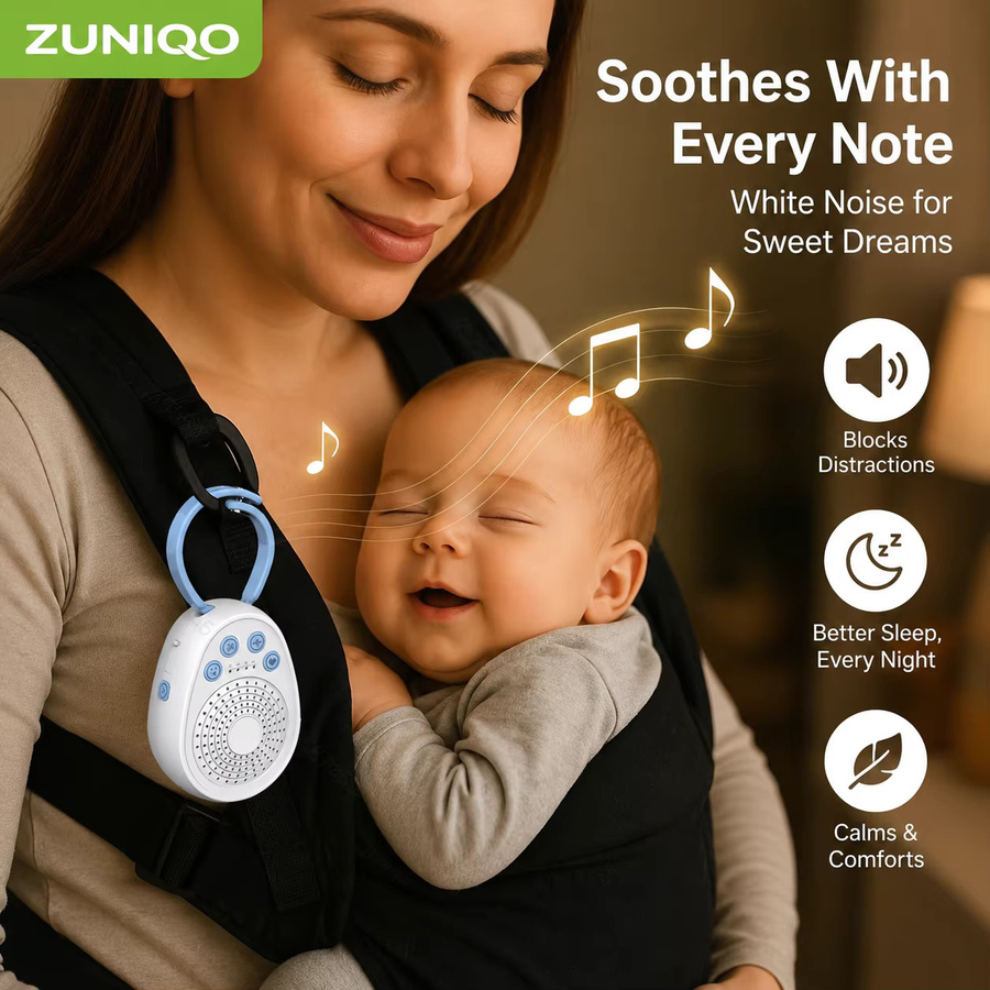 ZUNIQO Baby White Noise Maschine mit 20 beruhigenden Klängen, tragbares USB-Mini-Schlafgerät für Neugeborene in Blau und Weiß - Bild 4