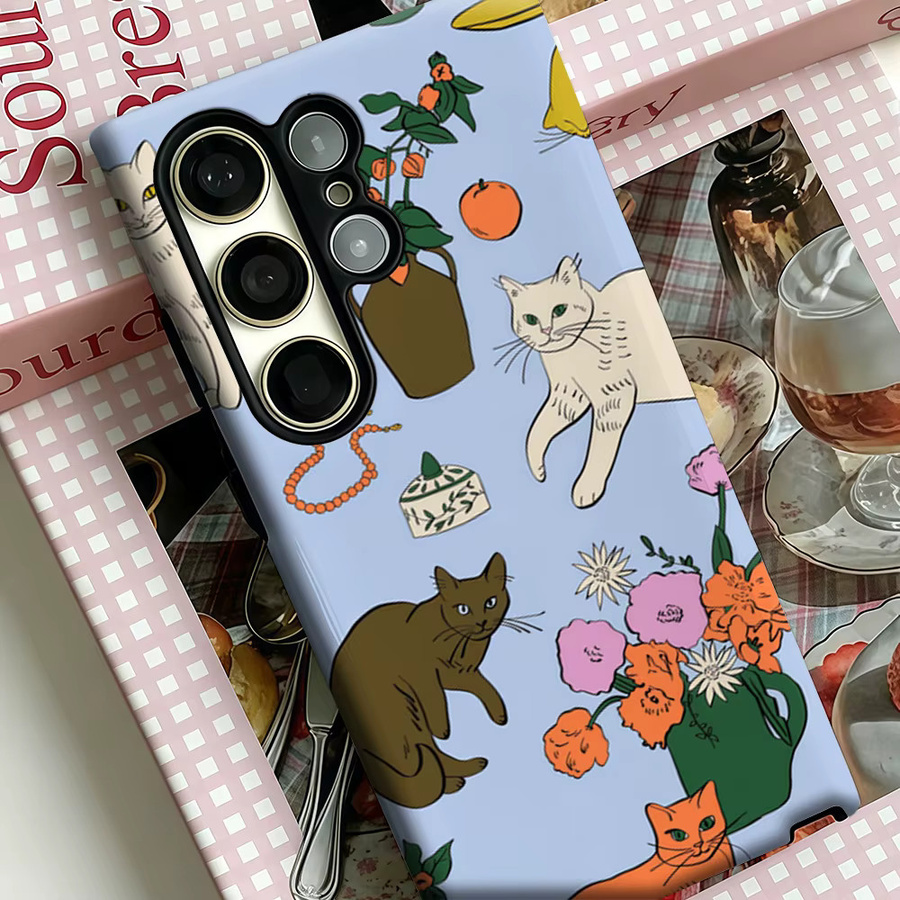 Stoßfeste Doppelschicht Handyhülle mit Vintage Katzen- und Blumen-Stilleben für Samsung Galaxy S25 Ultra, S24 und S23 Ultra Plus in Multicolour - Bild 4