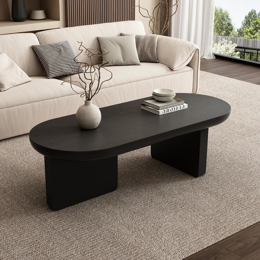 Moderner minimalistischer Couchtisch mit ovaler Platte in Schwarz, B/T/H: 119,7 x 49,8 x 35,5 cm - Bild 2