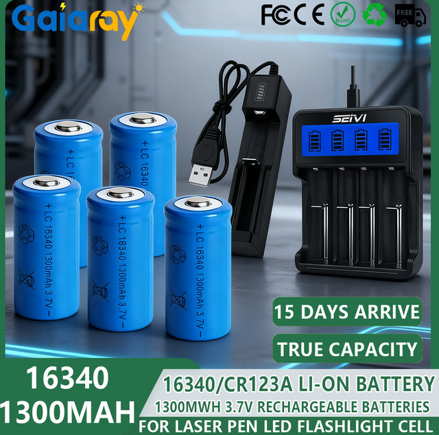 GaiaRay Wiederaufladbares 16340 CR123A Li-Ion Akku-Set mit 1300 mAh und blauem 4-Slot LCD Ladegerät - Bild 1