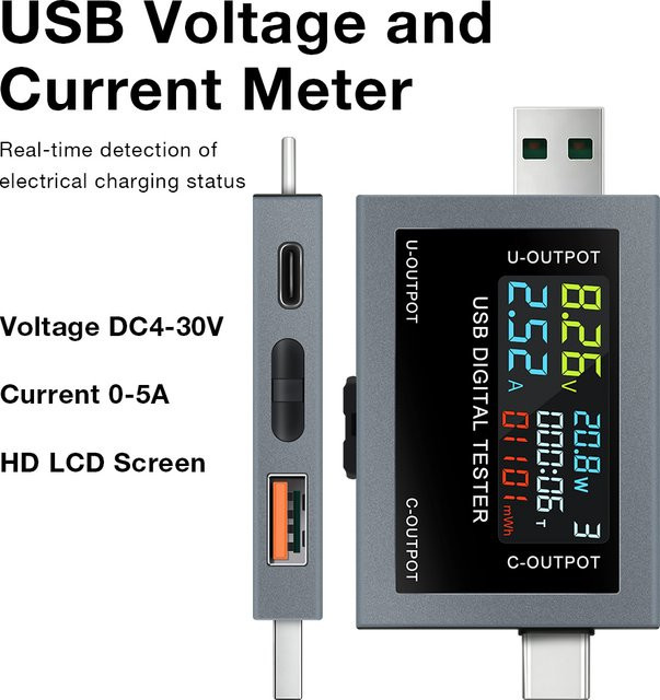 USB Typ-C Tester DC4-30V Digitales Voltmeter und Amperemeter zur Messung von Spannung, Strom und Leistung sowie zur Prüfung der Batteriekapazität in Schwarz und Grau - Bild 1
