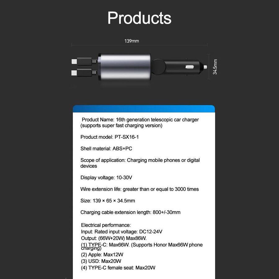 YJMP 100W Autoladegerät mit USB-C und USB-A, superschnelles Aufladen mit einziehbarem Kabel und Spannungsanzeige für iPhone, Huawei und Samsung - Bild 9