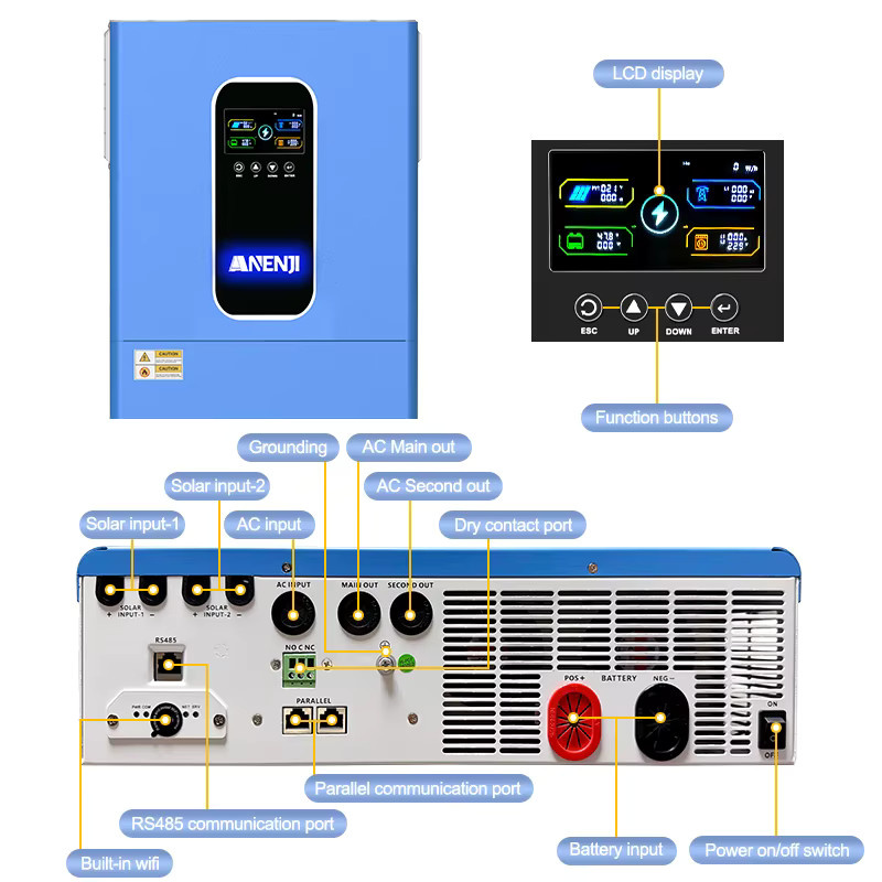 ANENJI Hybrid Solar Inverter 11KW mit Dual PV Eingang, Reine Sinus Welle, 48V 230V, MPPT Solar Ladegerät, Blau - Bild 4