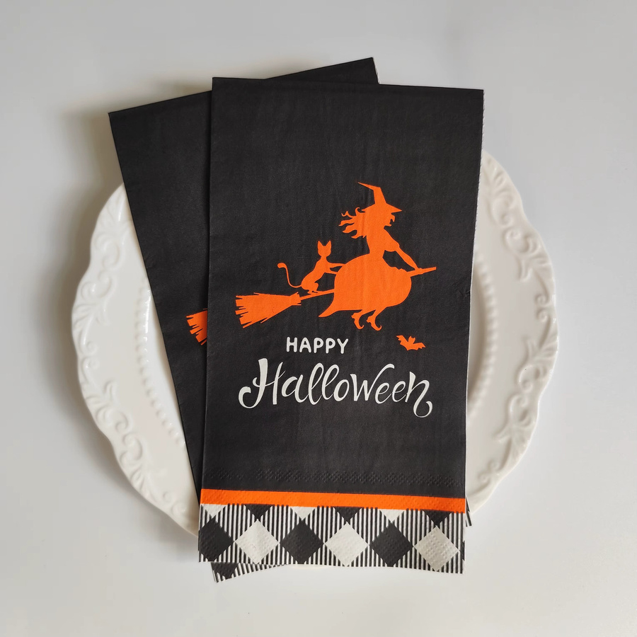 20 Stück Happy Halloween Gastservietten mit Hexenbesen und schwarzer Katze, 3-lagig, Multicolor und Schwarz - Bild 2