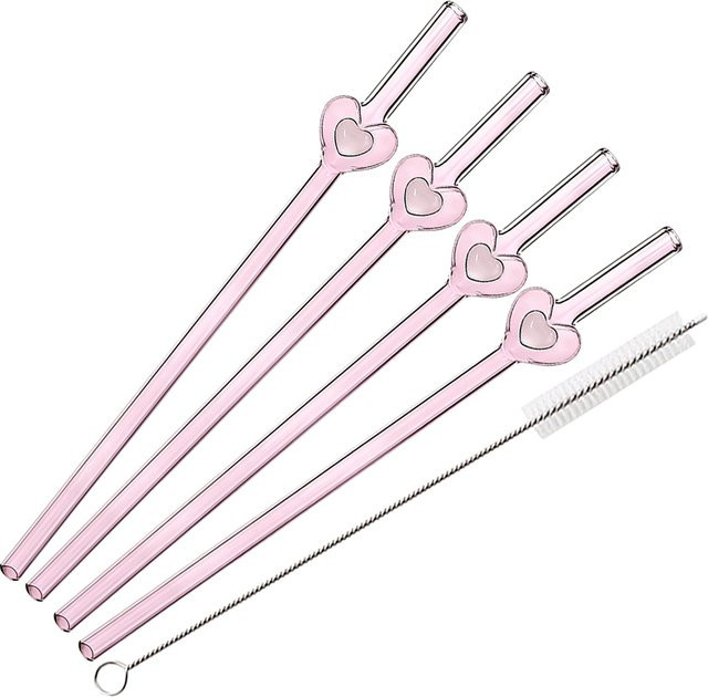 4 Stück wiederverwendbare Glasstrohhalme mit Herz-Design von uniturcky in Pink und Transparent inklusive Reinigungsbürste - Bild 1