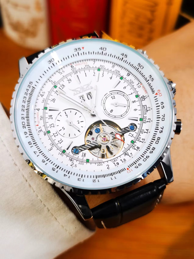 JARAGAR Herrenuhr Automatik, Edelstahl, Lederarmband, Weiß - Bild 3