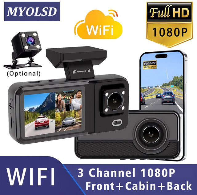 MYOLSD 3-Kamera WLAN Dashcam HD1080P Mini Auto-DVR mit Dreiwege-Kanal Video-Registrator in Schwarz - Bild 1