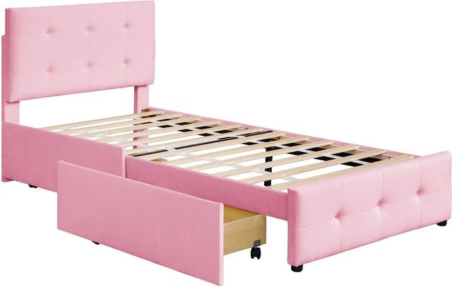 Merax Polsterbett mit Schubladen aus Samt in Beige und Rosa, B/T/H: 90 x 200 cm - Bild 1