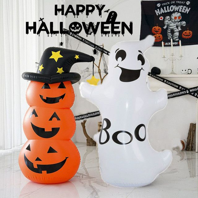 LUSQI Halloween aufblasbarer Kürbisgeist in Weiß und Orange als winddichte Gartendekoration für drinnen und draußen - Bild 1